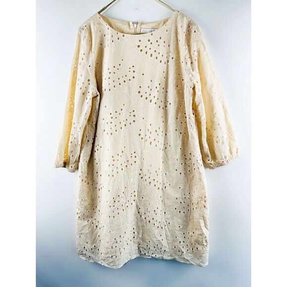 Preston & York Size 16 Beige Tan 3/4 Sleeve Eyelet Sheath Dress Embroidered - Picture 2 of 6